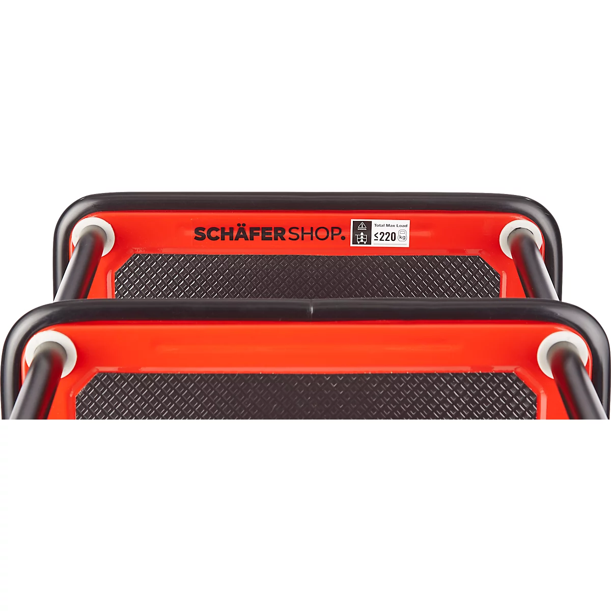 Schäfer Shop Select Chariot à plateaux 130L, 3 plateaux, acier peint époxy, roues PUR, L 485 x P 710/775 x H 1000 mm, jusqu'à 220 kg, noir/rouge