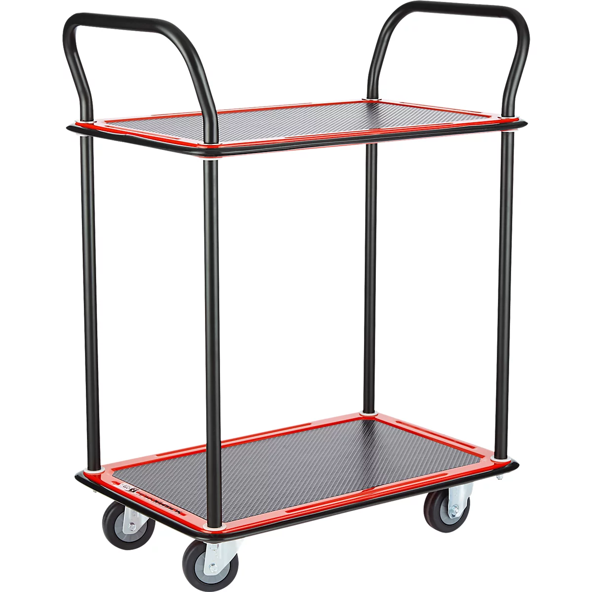 Schäfer Shop Select Chariot à plateaux 220DB, 3 plateaux, acier peint époxy, roues PUR, L 615 x P 880/965 x H 1000 mm, jusqu'à 370 kg, noir/rouge