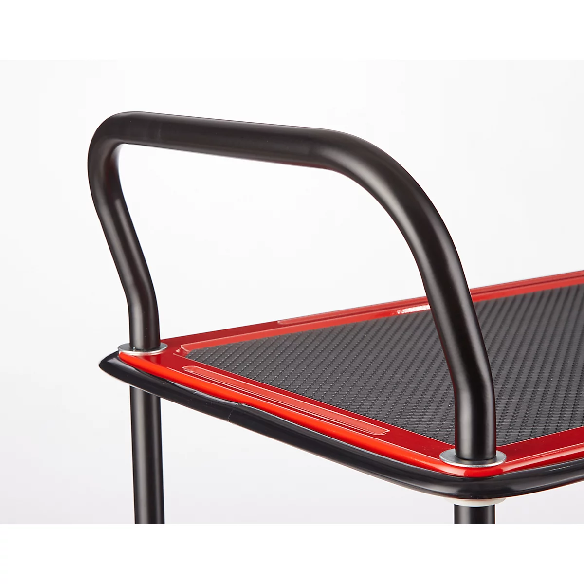 Schäfer Shop Select Chariot à plateaux 220DB, 3 plateaux, acier peint époxy, roues PUR, L 615 x P 880/965 x H 1000 mm, jusqu'à 370 kg, noir/rouge