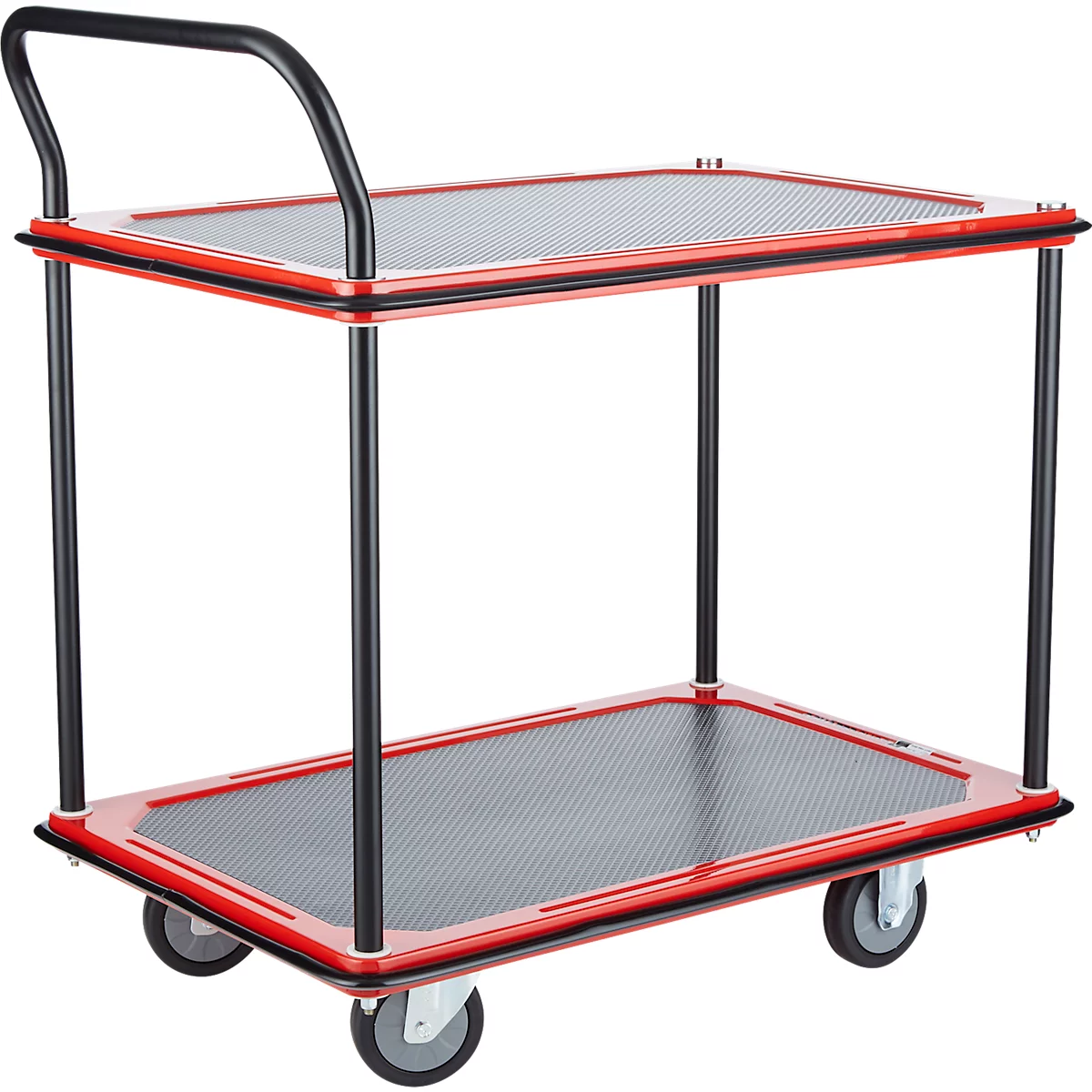 Schäfer Shop Select Chariot à plateaux 220SB, 2 plateaux, acier peint époxy, roues PUR, L 615 x P 880/965 x H 1000 mm, jusqu'à 370 kg, noir/rouge