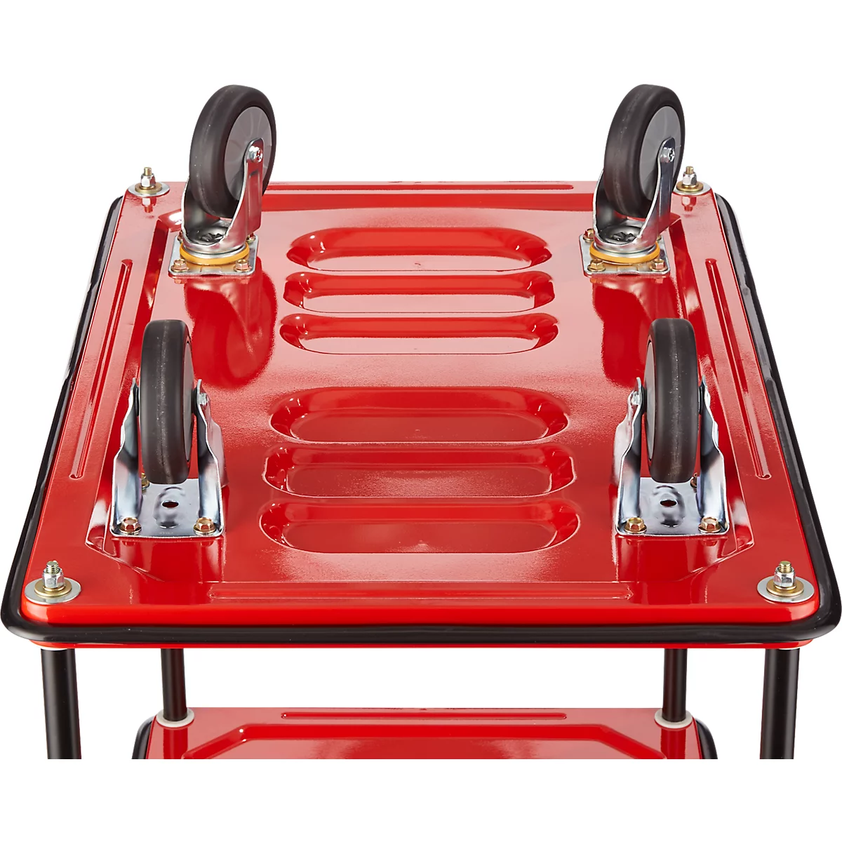 Schäfer Shop Select Chariot à plateaux 220SB, 2 plateaux, acier peint époxy, roues PUR, L 615 x P 880/965 x H 1000 mm, jusqu'à 370 kg, noir/rouge