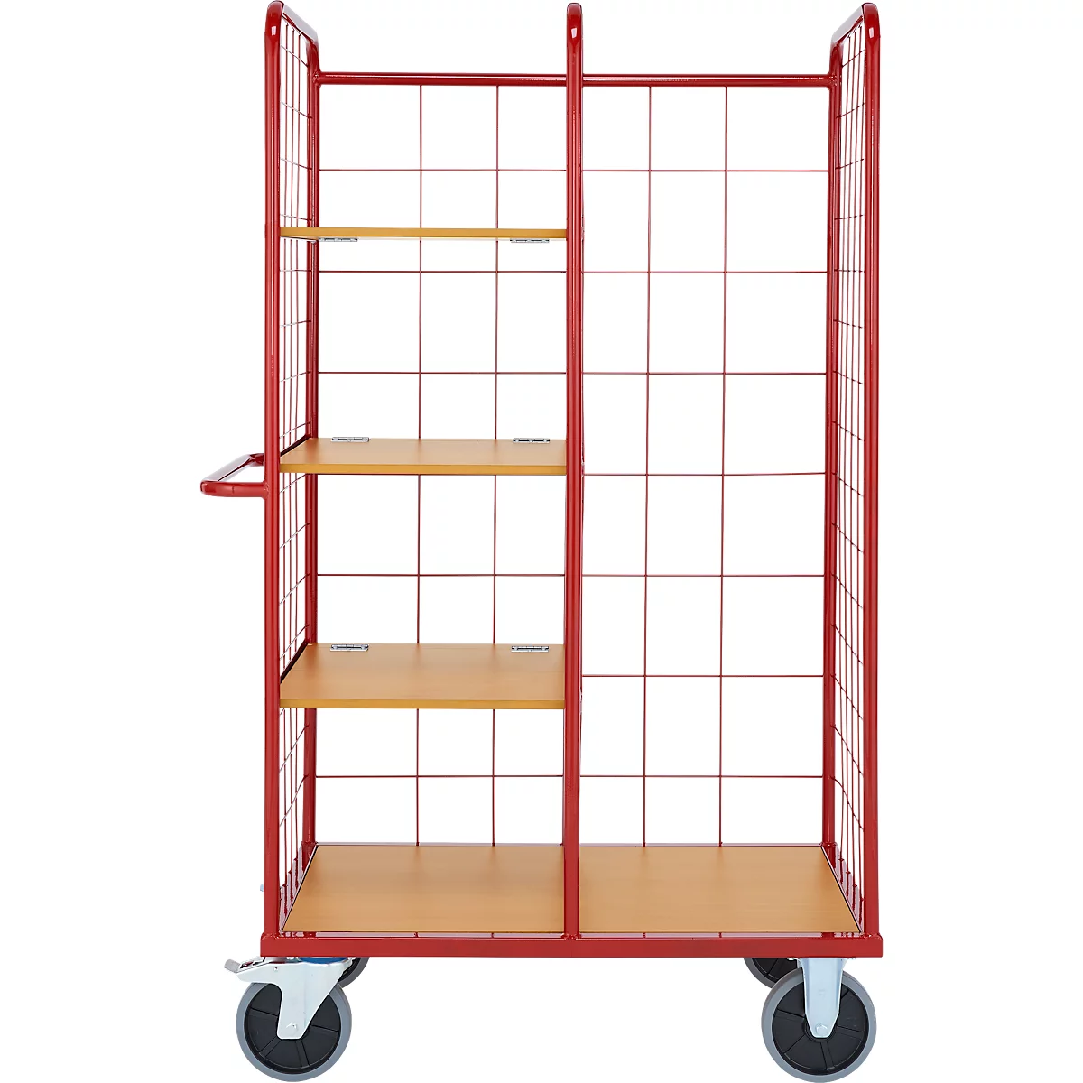 Chariot de transport rouge avec parois grillagées, plusieurs étagères en bois et roues.
