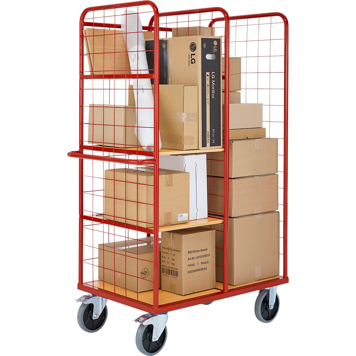 Chariot de transport rouge avec marchandises, rempli de boîtes, une boîte LG est visible.
