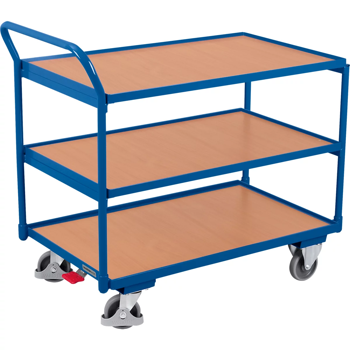 Schäfer Shop Select Chariot à plateaux, léger, plateau acier/MDF, bleu gentiane/décor hêtre, 3 plateaux, L 985 x l 605 mm, roulettes TPE avec EasySTOP, jusqu'à 250 kg