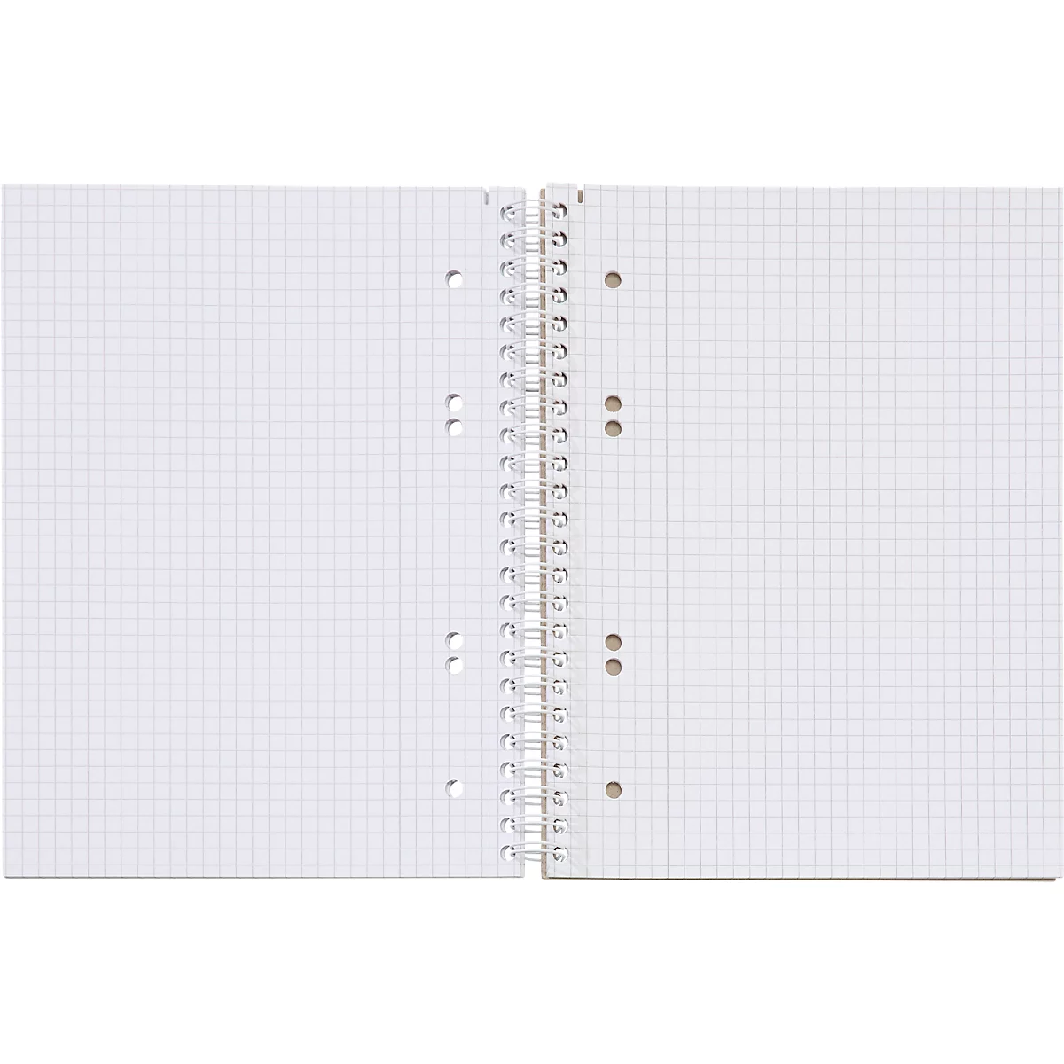 Een open geruit notitieboek met spiraalbinding. De pagina's zijn leeg en wit. De binding is van metaal.