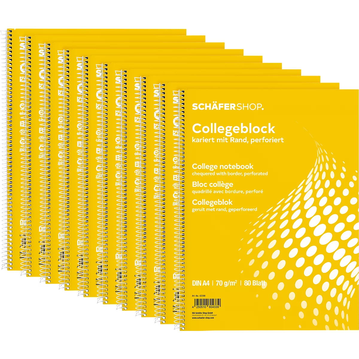 Gelbe Collegeblöcke mit Spiralbindung. Aufdruck: Schafershop Collegeblock, kariert, perforiert.