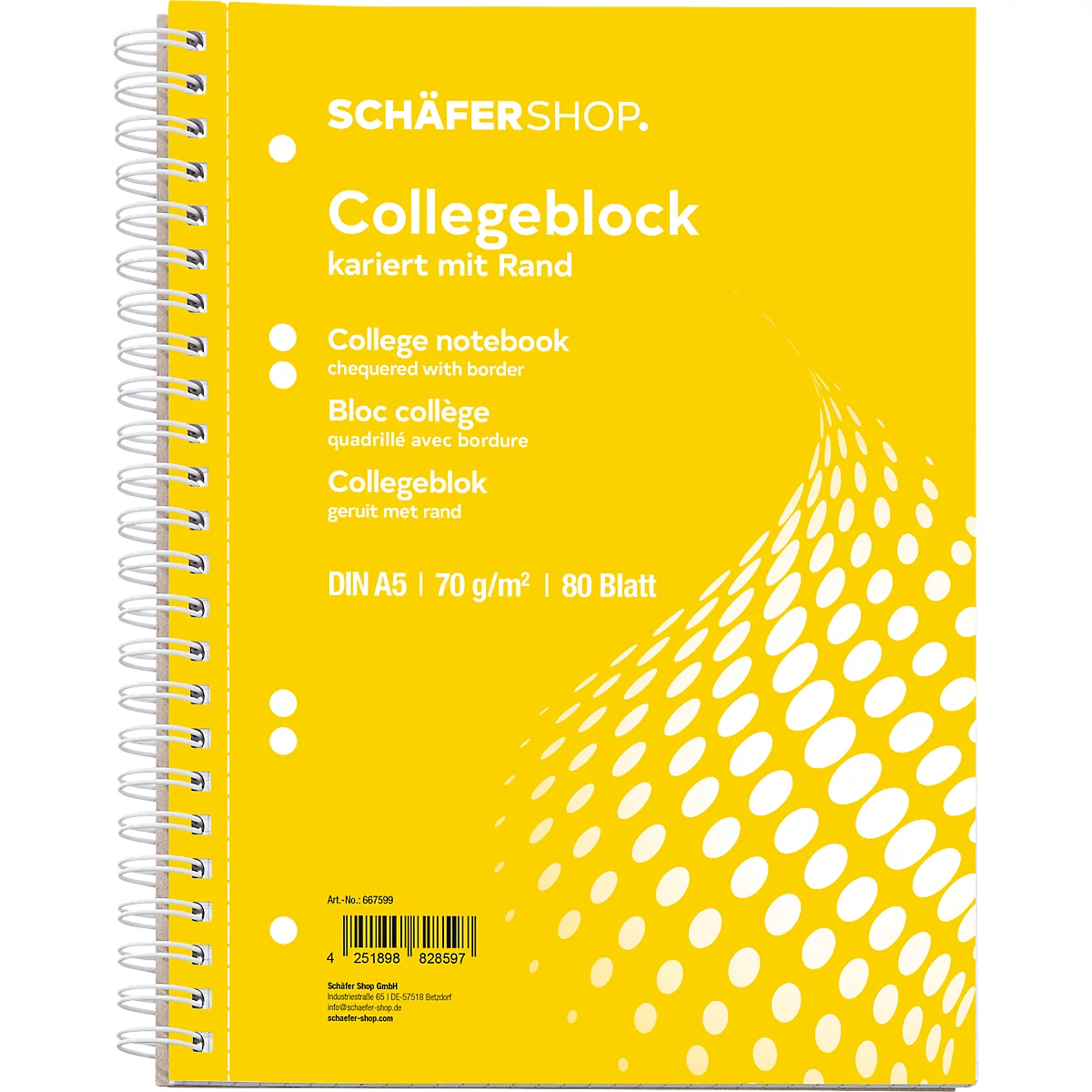 Gelber Collegeblock mit Spiralbindung. Aufschrift: 'Collegeblock kariert mit Rand'.