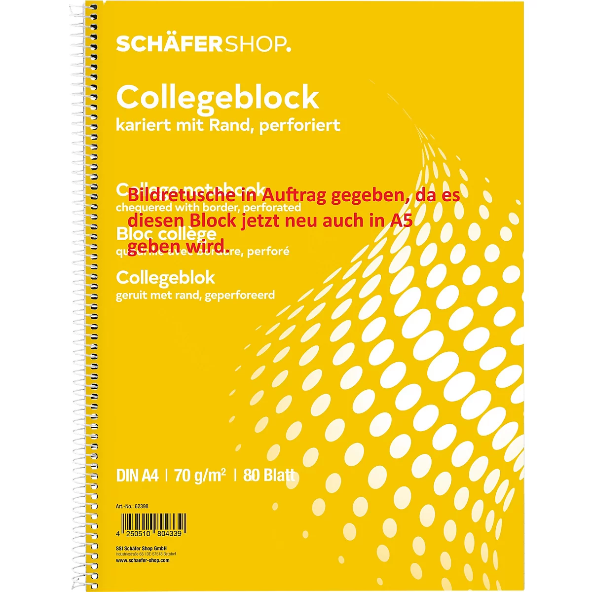 Gele collegeblok cover met opschrift. Geruit, geperforeerd, A4-formaat.