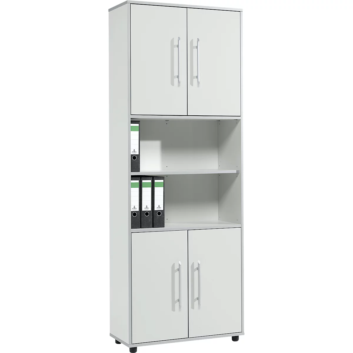Schäfer Shop Select Combikast Moxxo IQ, hout, 4 vleugeldeuren, 2 open vakken, 6 ordnerhoogten, B 801 x D 362 x H 2166 mm, lichtgrijs 