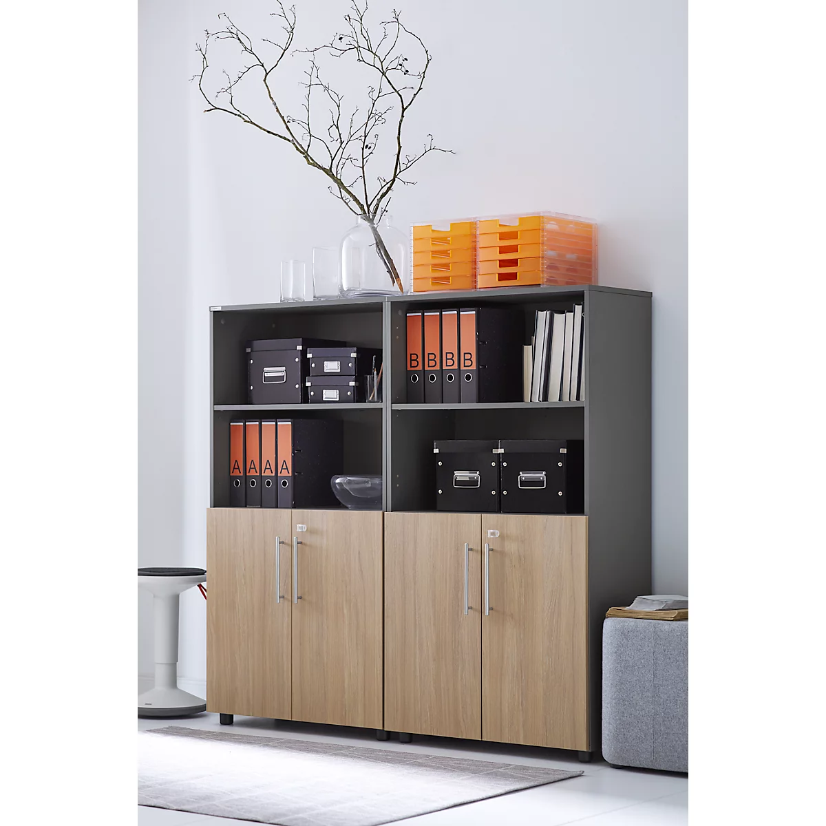 Schäfer Shop Select Combikast Start Off, 4 ordnerhoogten, afsluitbaar, B 800 x D 420 x H 1470 mm, hout, grafiet/eiken