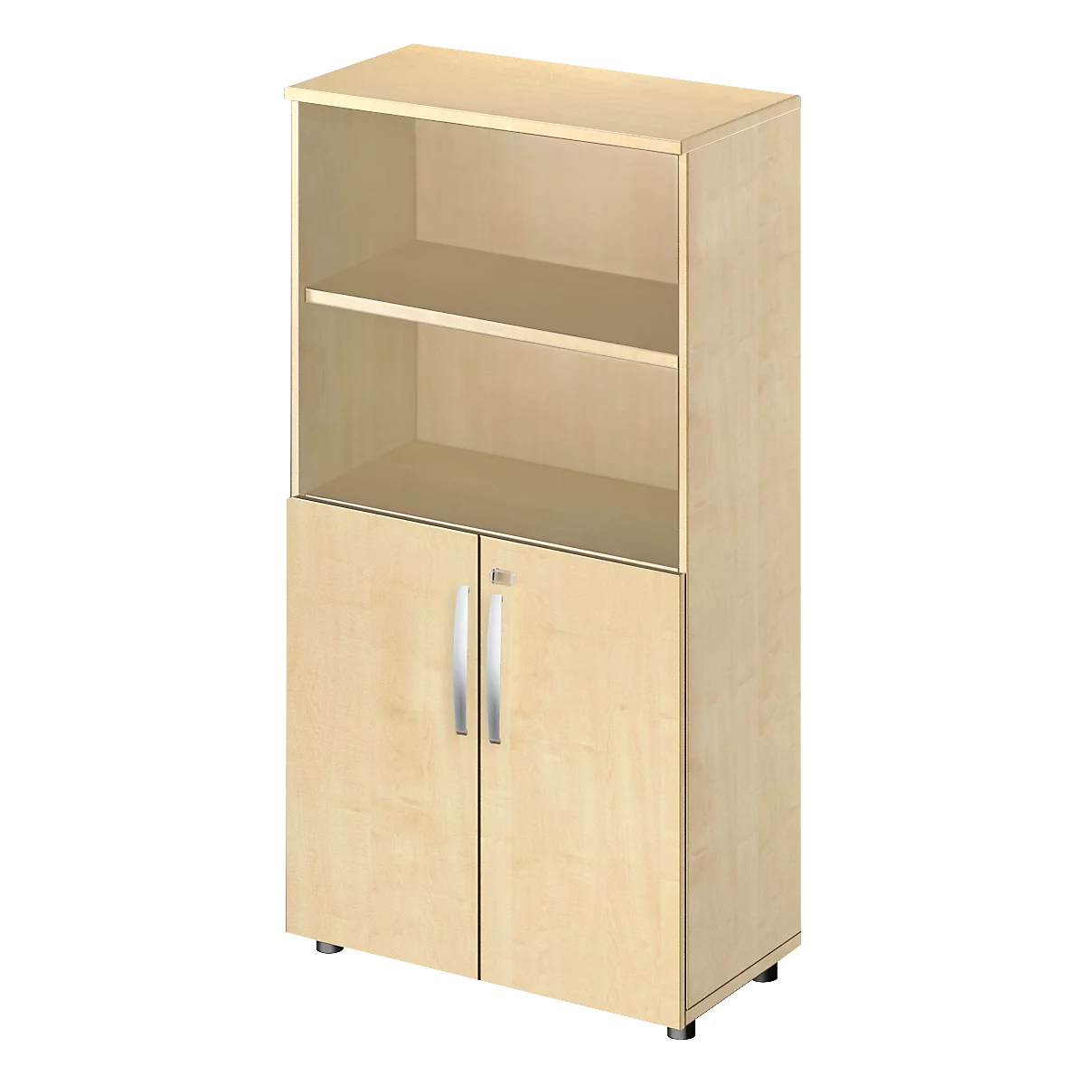 Light brown office cabinet with open shelves and closed doors.