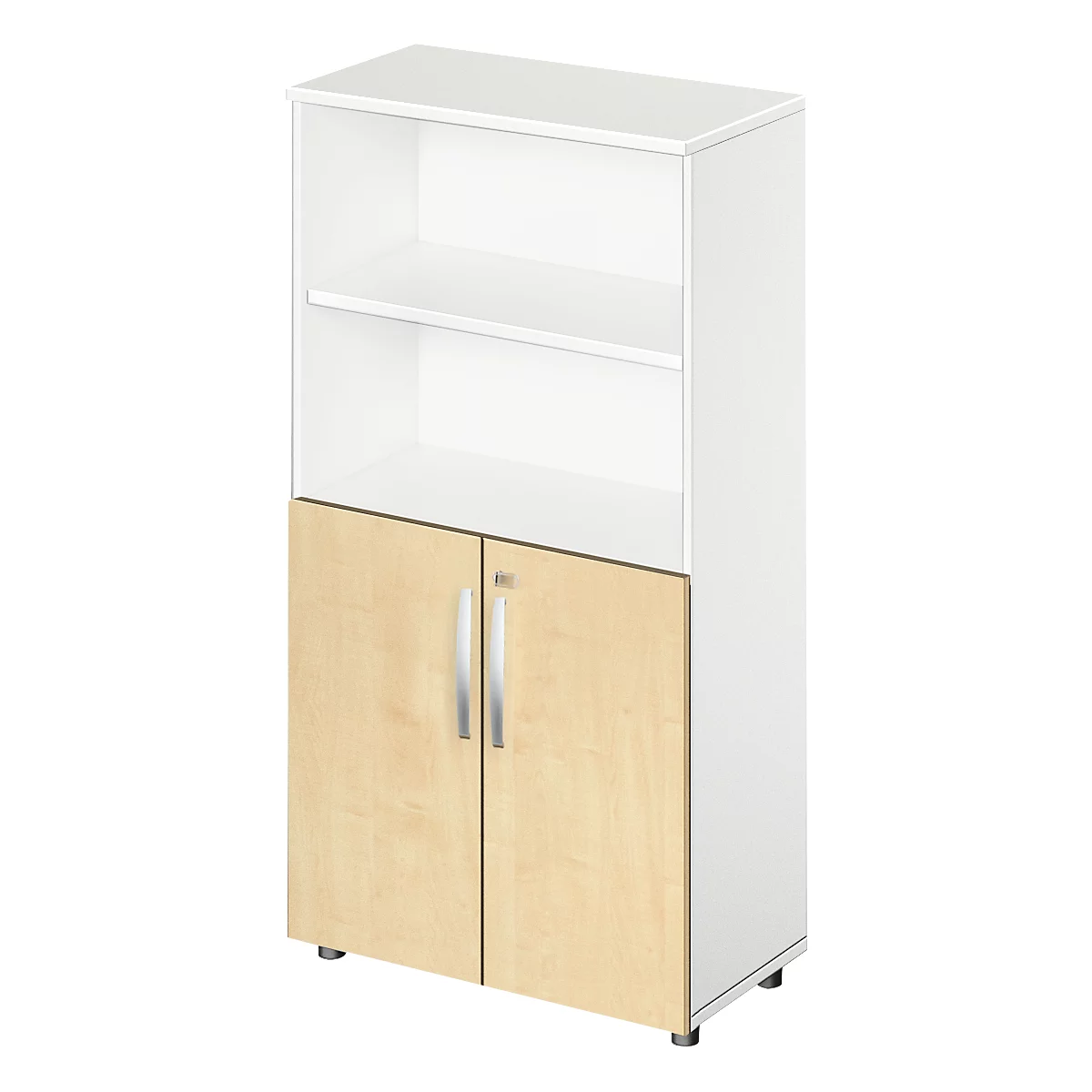 A white shelf with two open compartments and a base cabinet with wooden doors and metal handles.