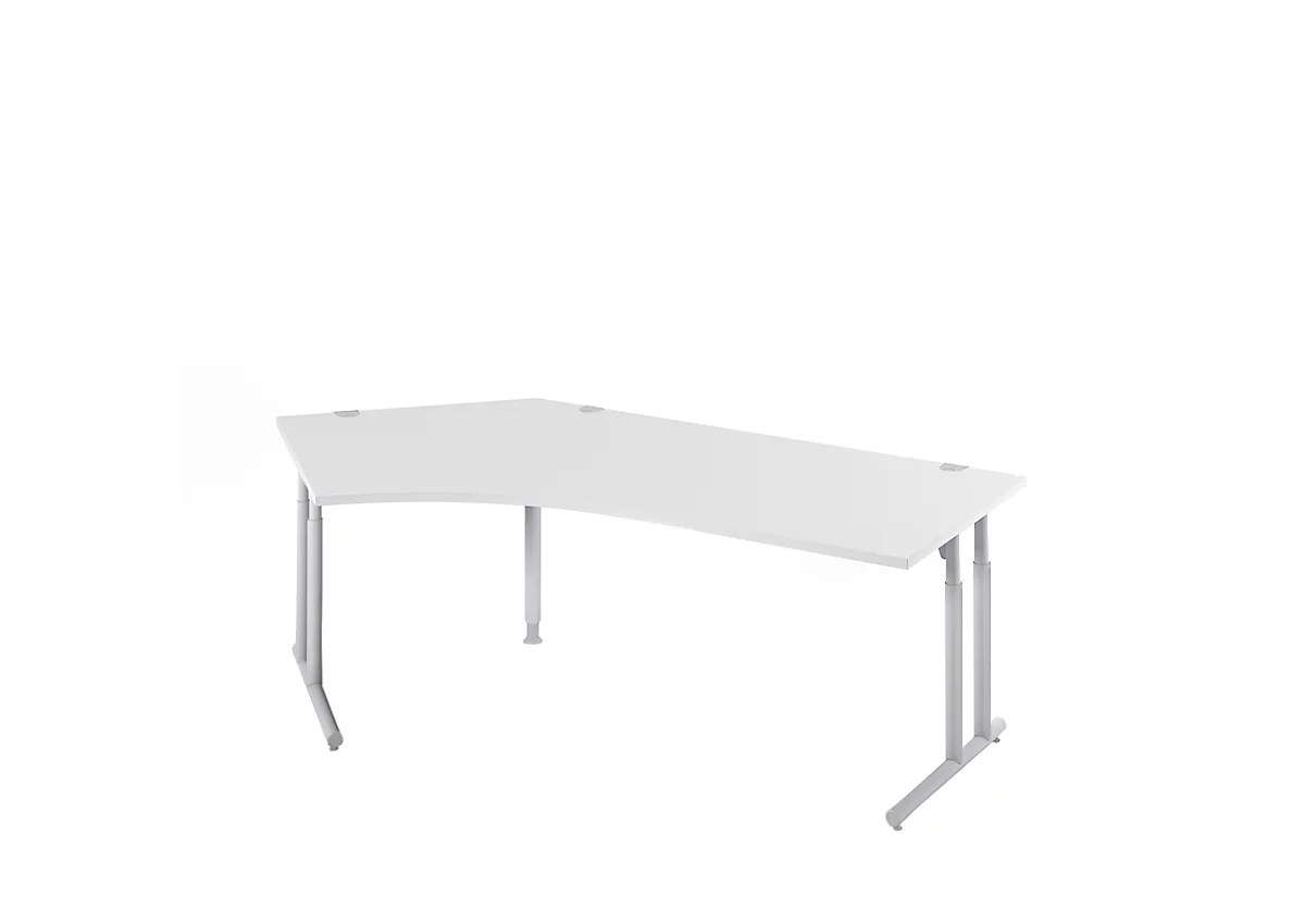 Schäfer Shop Select COMBITEC escritorio angular, ángulo 135° izquierda, pie en C, An 2165 x Pr 800/800 x Al 677-817 mm, aluminio gris claro/blanco