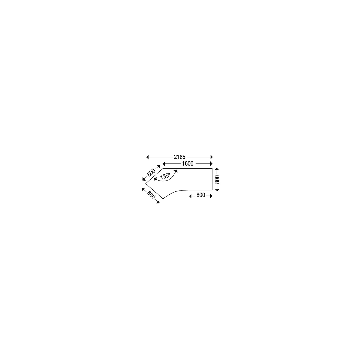 Schäfer Shop Select COMBITEC hoekbureau, 135° hoek links, C-poot, B 2165 x D 800/800 x H 677-817 mm, aluminium lichtgrijs/wit