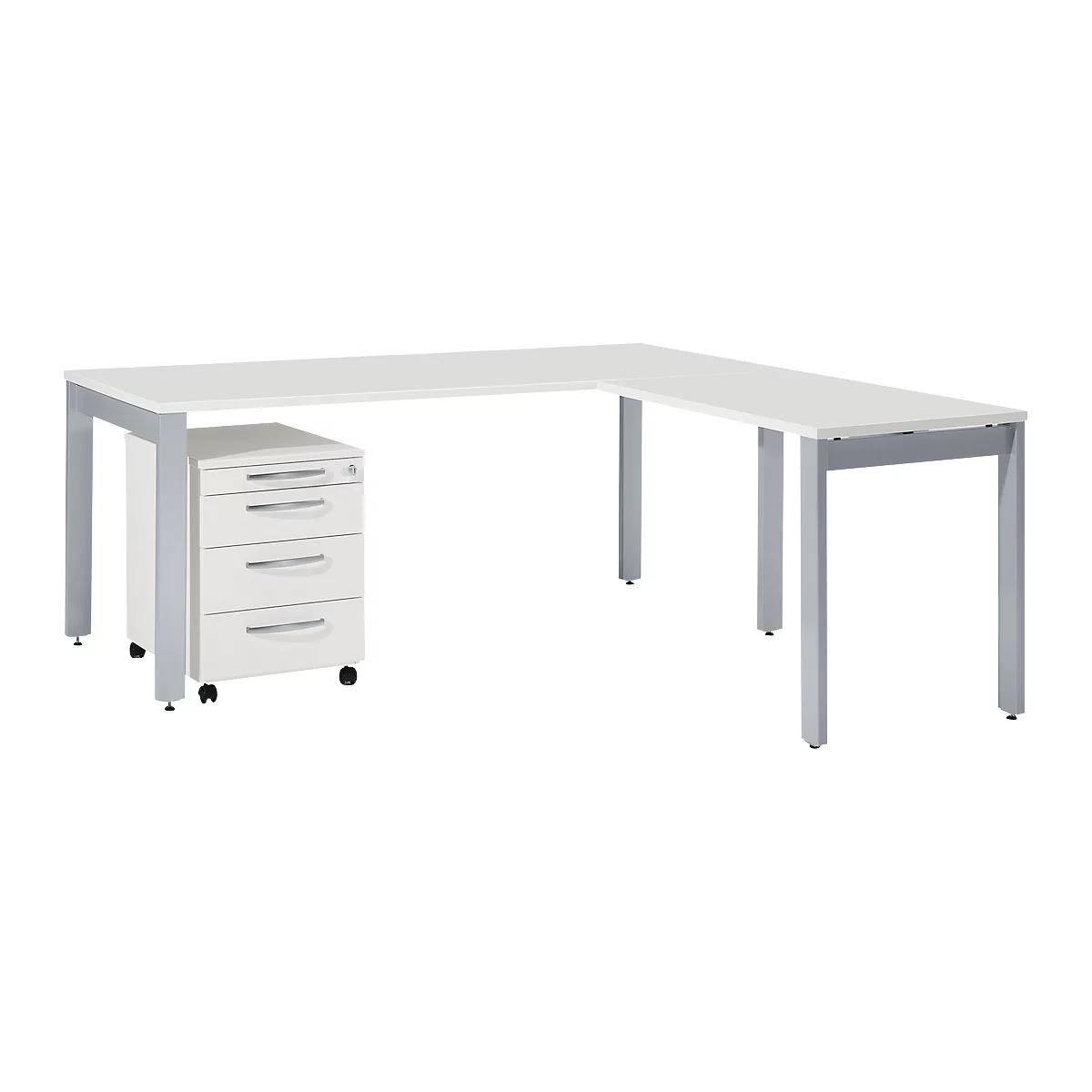 A white corner desk with silver legs and a white mobile pedestal with drawers.