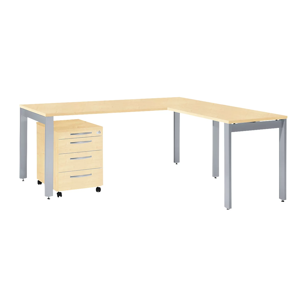 An L-shaped desk with light brown table top and silver legs. Right a drawer box with wheels.