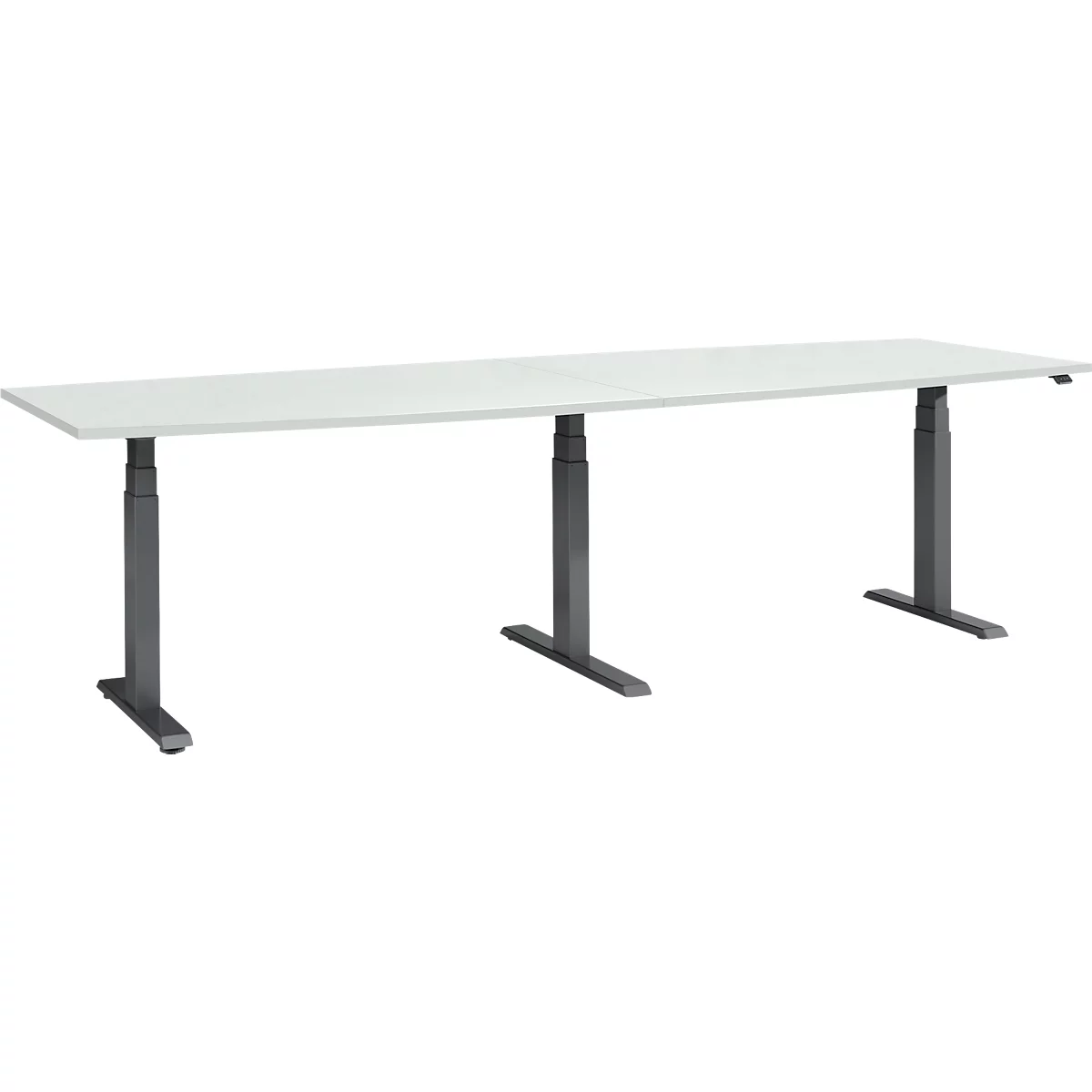 White rectangular table with height-adjustable gray legs. The table top is flat and the background is white.