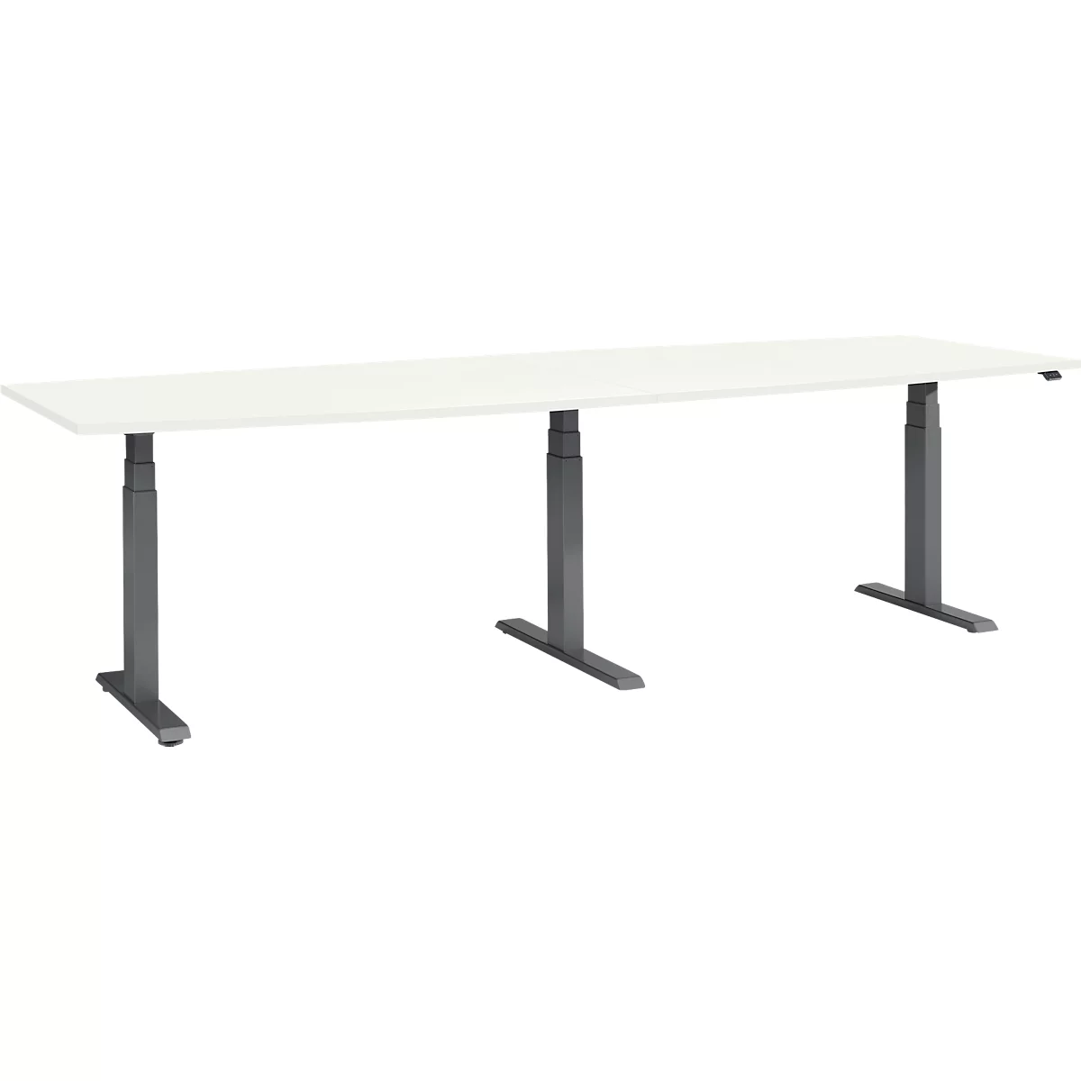 A white rectangular desk with height-adjustable gray metal legs.