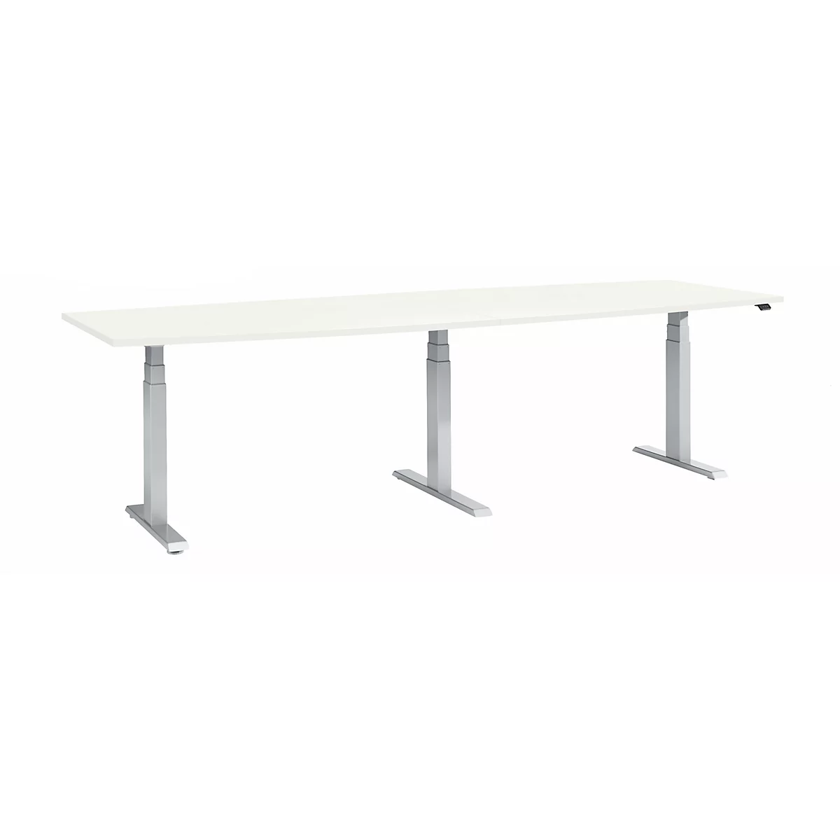 A white desk with three silver, height-adjustable legs against a white background.