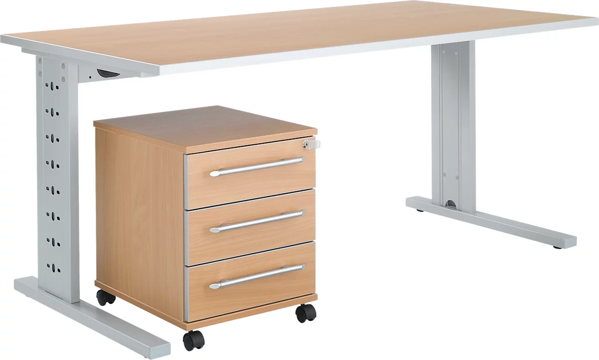 Schäfer Shop Select Conjunto de muebles de oficina de 2 piezas Moxxo IQ, escritorio An 1600 x P 800 mm, pata en C + archivador con ruedas 333, acabado en haya