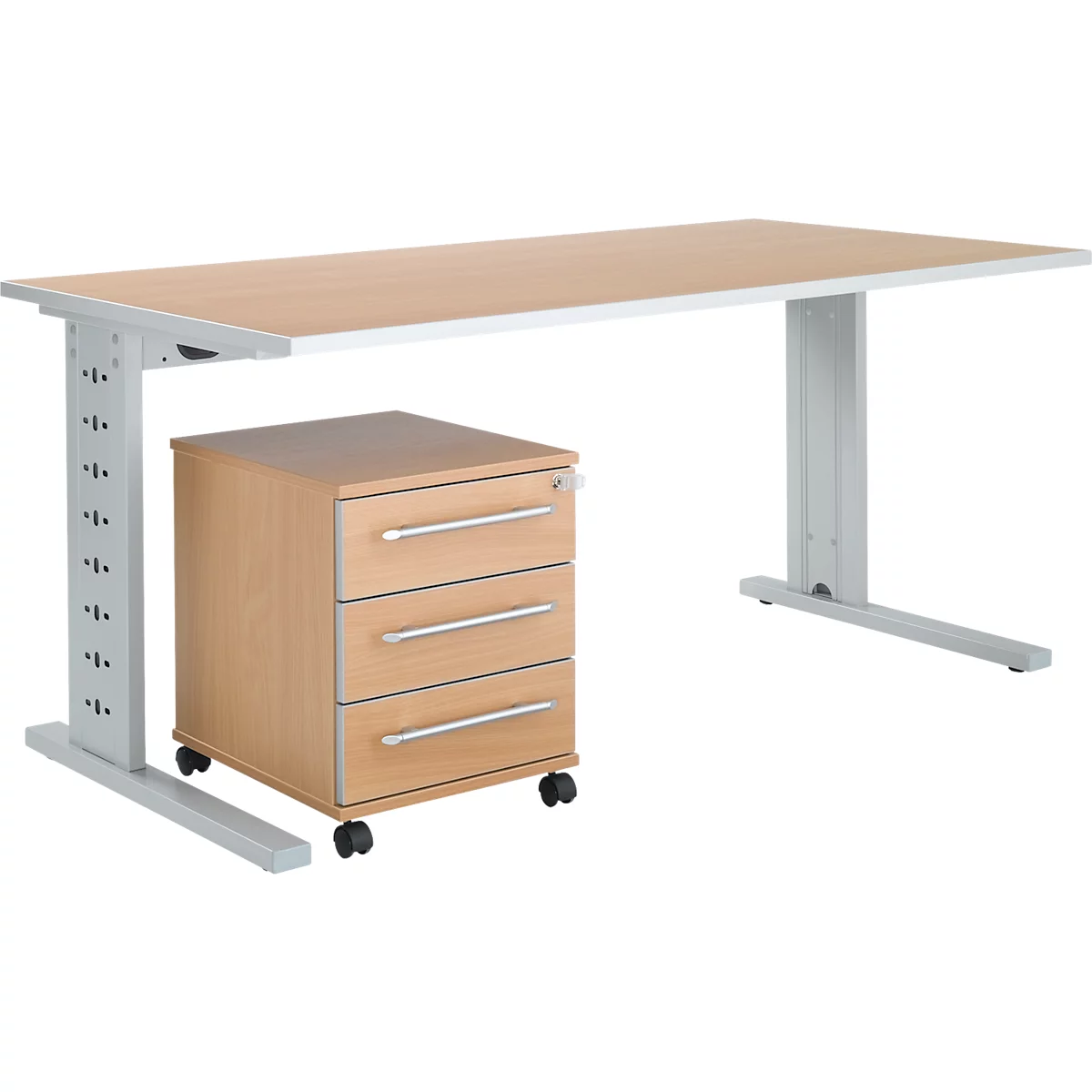 Schäfer Shop Select Conjunto de muebles de oficina de 2 piezas Moxxo IQ, escritorio An 1600 x P 800 mm, pata en C + archivador con ruedas 333, acabado en haya