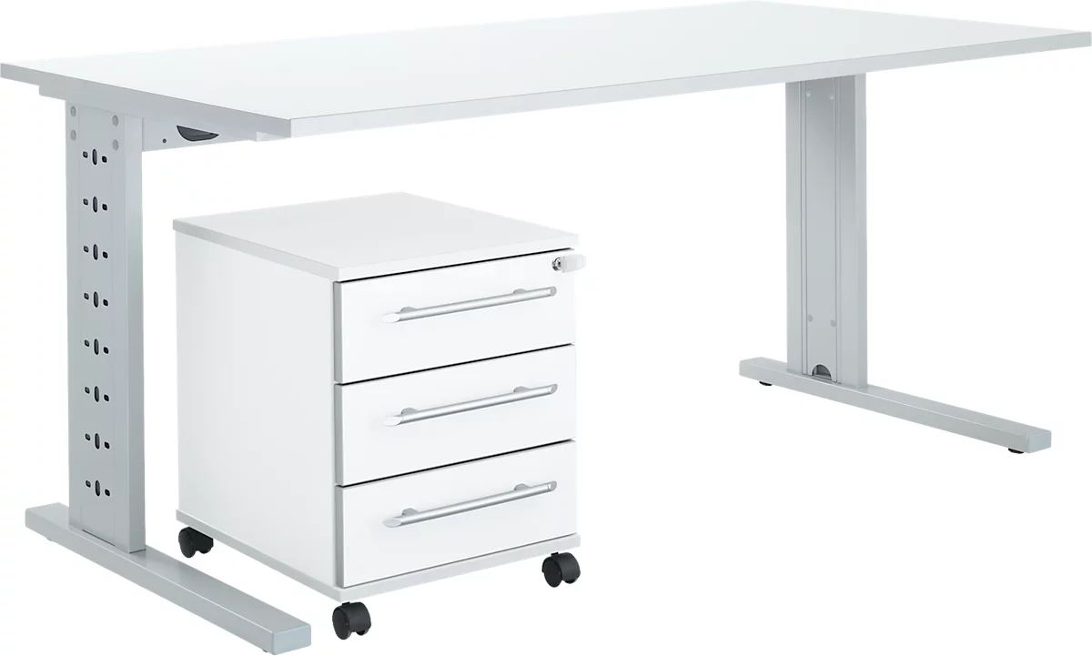 Schäfer Shop Select Conjunto de muebles de oficina de 2 piezas Moxxo IQ, escritorio An 1600 x P 800 mm, pata en C + archivador con ruedas 333, blanco