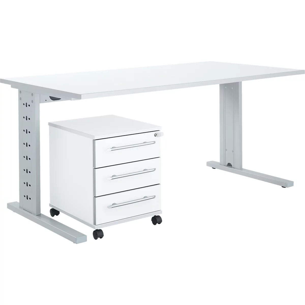 Schäfer Shop Select Conjunto de muebles de oficina de 2 piezas Moxxo IQ, escritorio An 1600 x P 800 mm, pata en C + archivador con ruedas 333, blanco