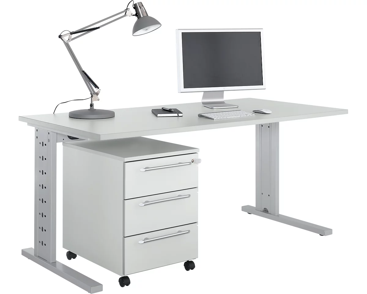 Schäfer Shop Select Conjunto de muebles de oficina de 2 piezas Moxxo IQ, escritorio An 1600 x P 800 mm, pata en C + archivador con ruedas 333, gris luminoso