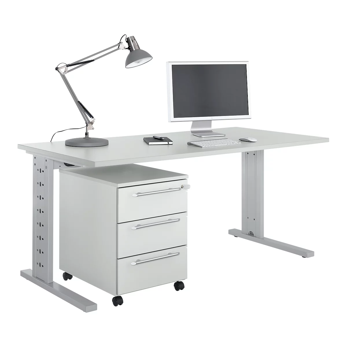 Schäfer Shop Select Conjunto de muebles de oficina de 2 piezas Moxxo IQ, escritorio An 1600 x P 800 mm, pata en C + archivador con ruedas 333, gris luminoso