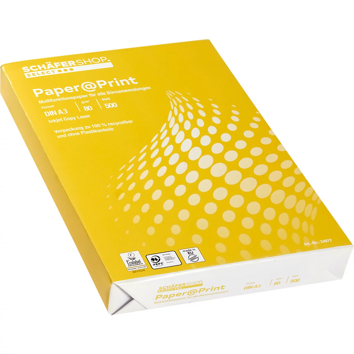 Yellow paper package with text. The paper is from SchäferShop, Paper@Print, DIN A3, 80g, 500 sheets. Print with environmental labels.