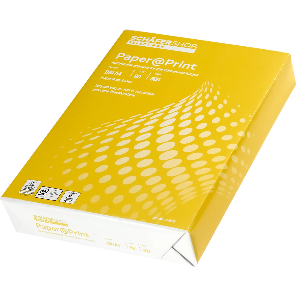 Yellow paper packaging printed with "Paper@Print", DIN A4, 80g. Product from Schäfer Shop.