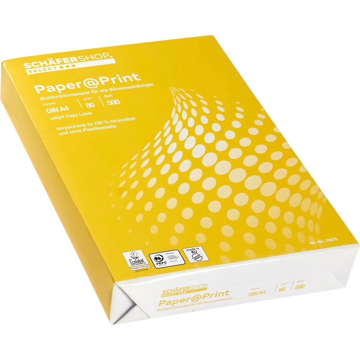 A package of yellow paper with print. "SCHÄFERSHOP" is at the top left, followed by "Paper@Print". Further details are listed below.