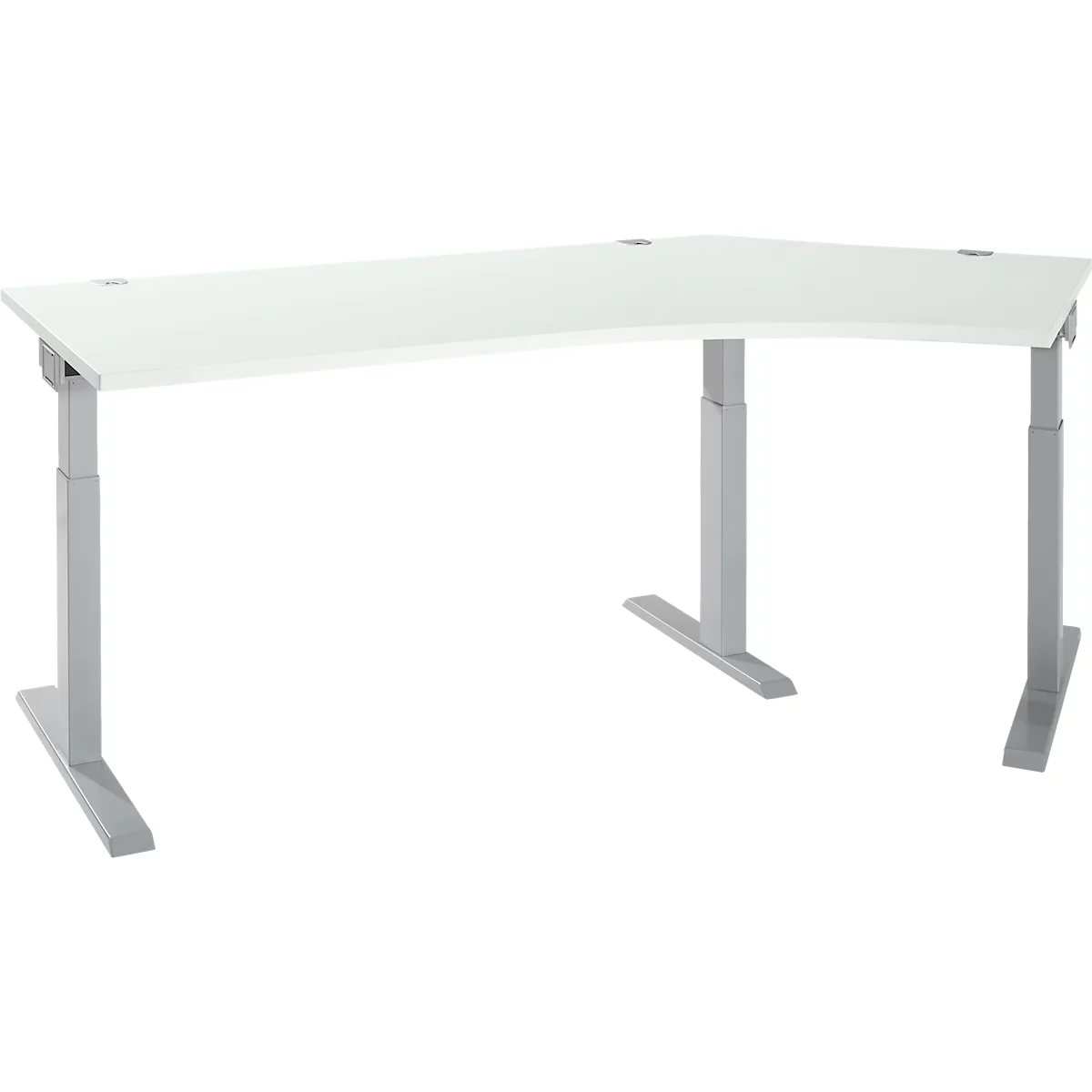 White corner desk with height-adjustable, silver legs. The desk is empty.