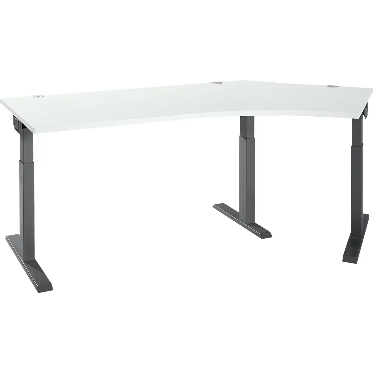 A white, corner desk with height-adjustable gray legs, photographed from below.