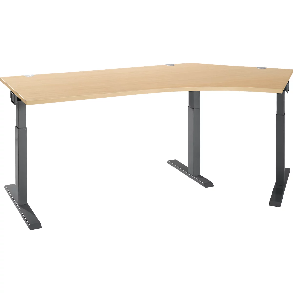 A corner desk with a light brown tabletop and height-adjustable gray legs. The tabletop is slightly rounded.