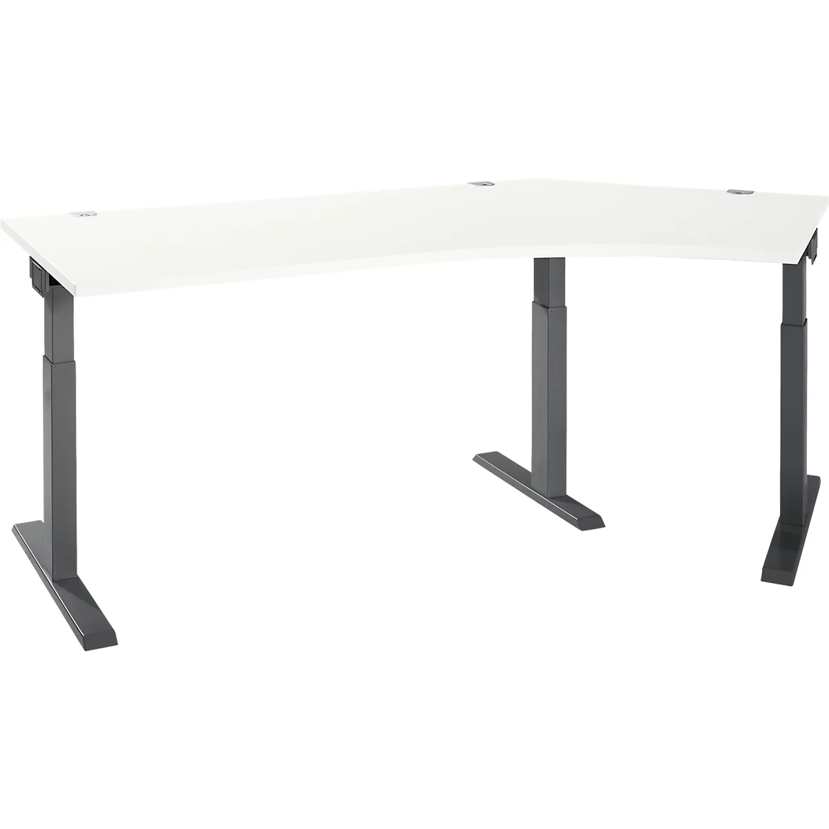 A white corner desk with height-adjustable grey legs. The tabletop is white, the legs are grey and stand on black feet.