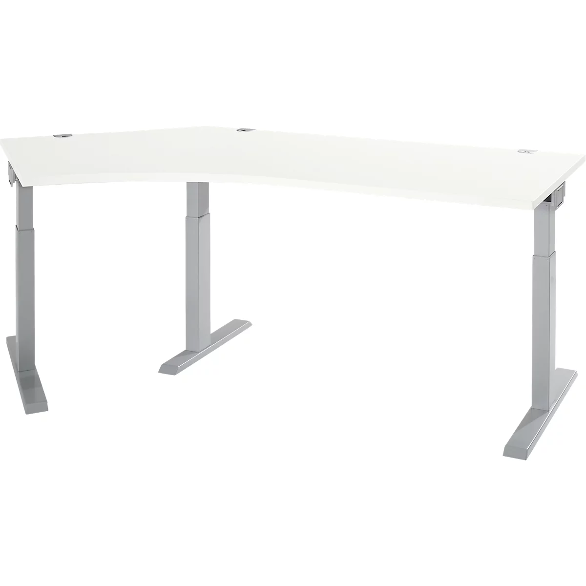A white ergonomic corner desk, resting on two gray, height-adjustable legs.