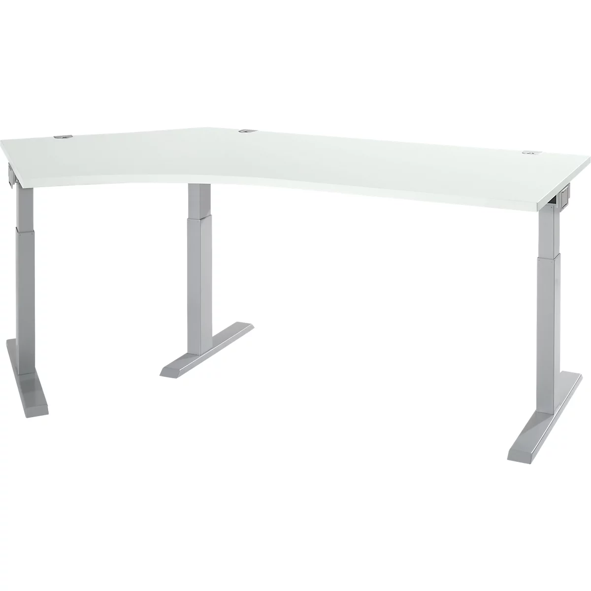 A white corner desk with silver height-adjustable legs, standing against a white background.