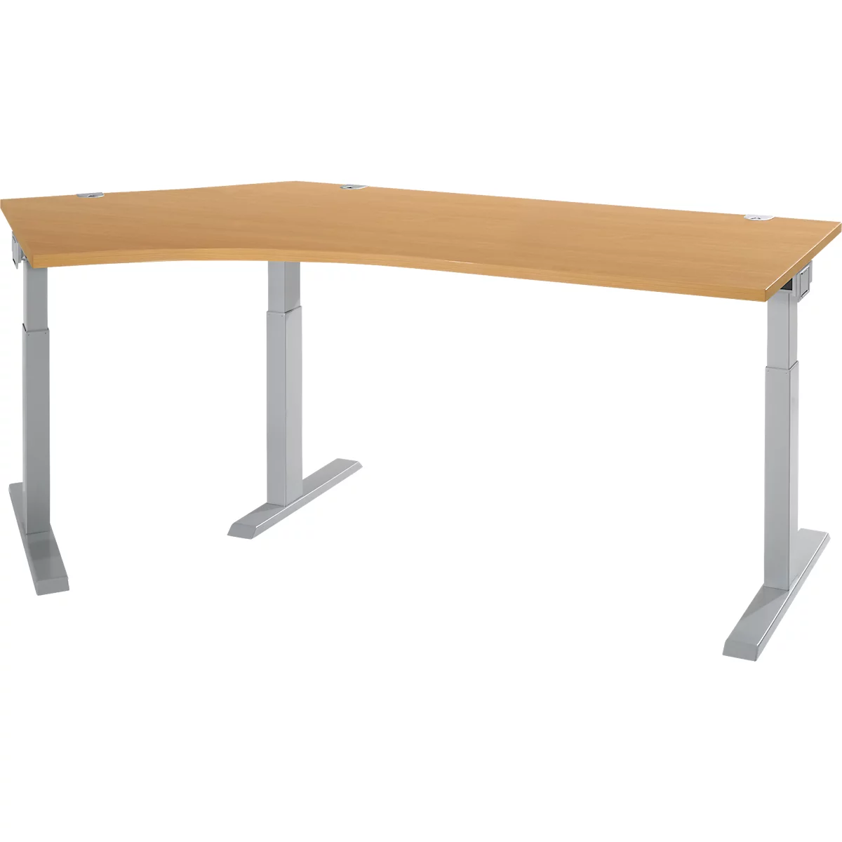Ergonomic, height-adjustable wooden corner desk with gray metal legs, against a white background.