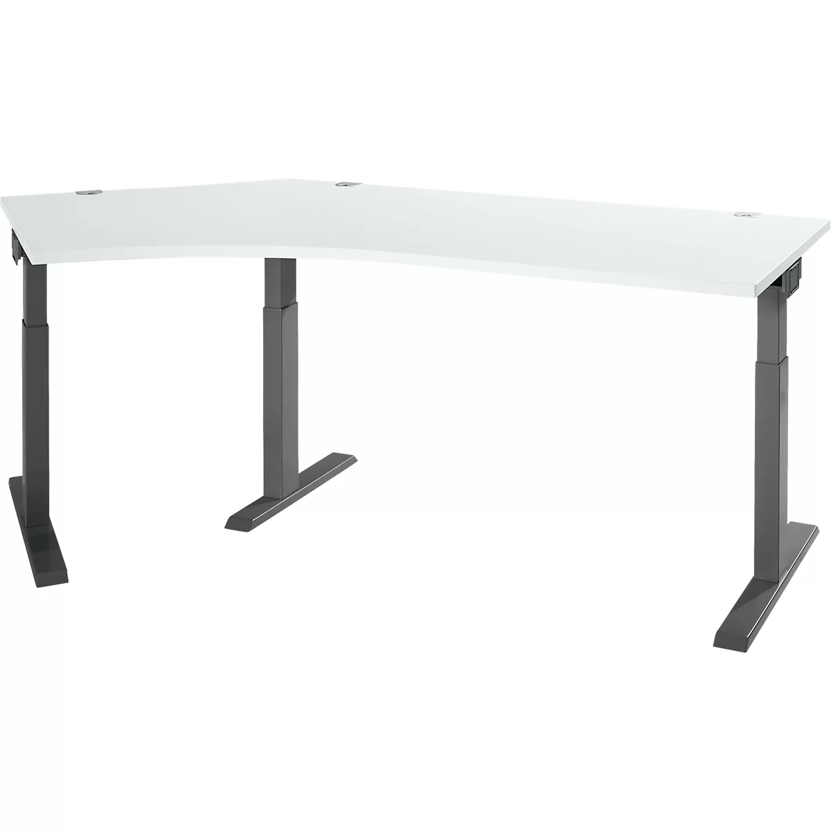 A white, height-adjustable corner desk with gray legs. The tabletop has an ergonomic shape.