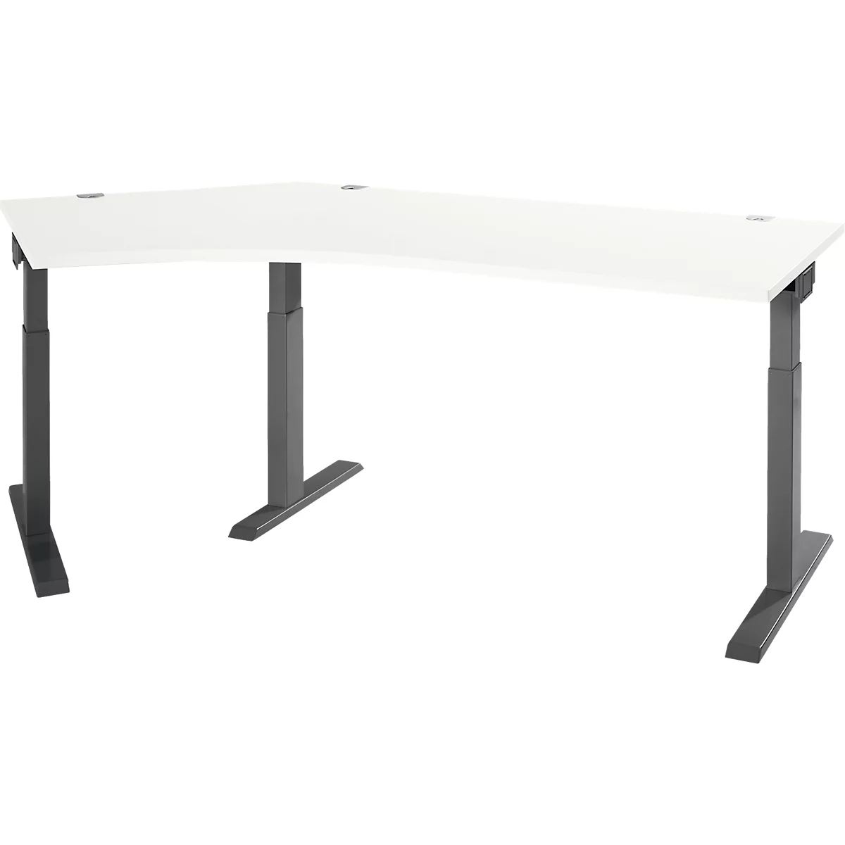 A white ergonomic corner desk with height-adjustable gray legs. The tabletop has a slightly curved shape.