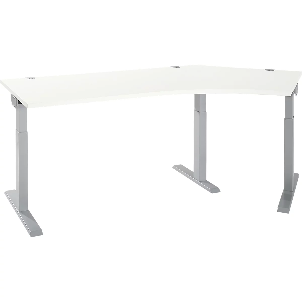 A white, height-adjustable corner desk with silver legs. The table top is arranged at an angle.