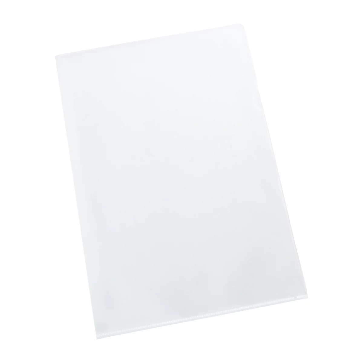 Transparent, white file folder. Angled view.