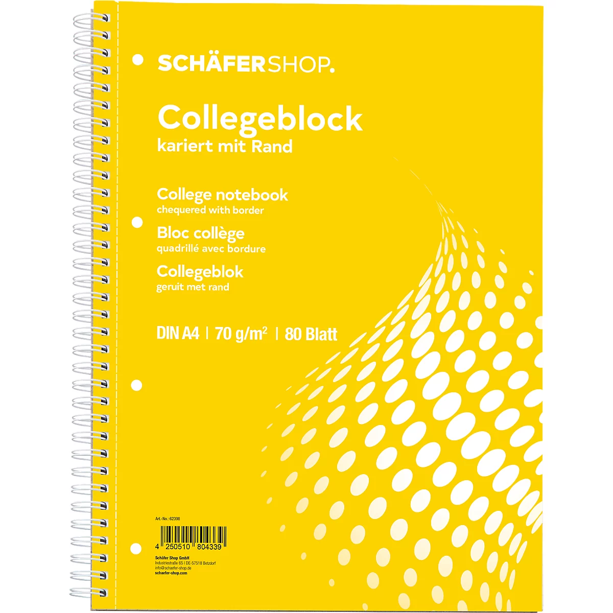 Cuaderno amarillo con espiral. Inscripción: Cuaderno, a cuadros con borde. DIN A4, 70 g/m², 80 hojas.