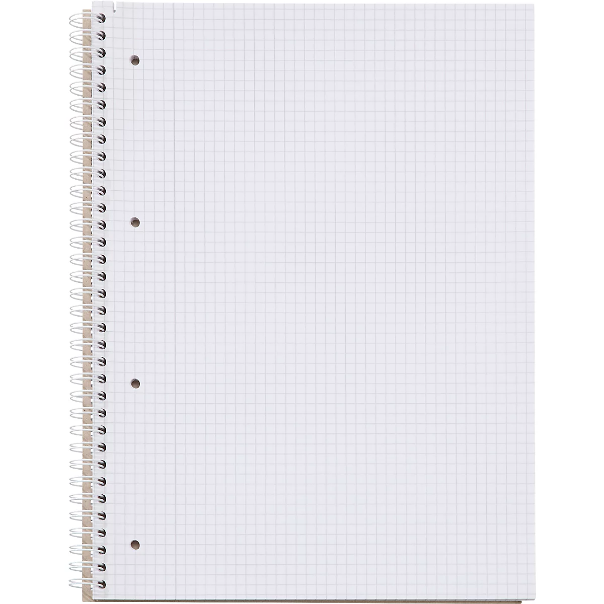 Cuaderno con páginas cuadriculadas, espiral metálica y perforación para archivar.