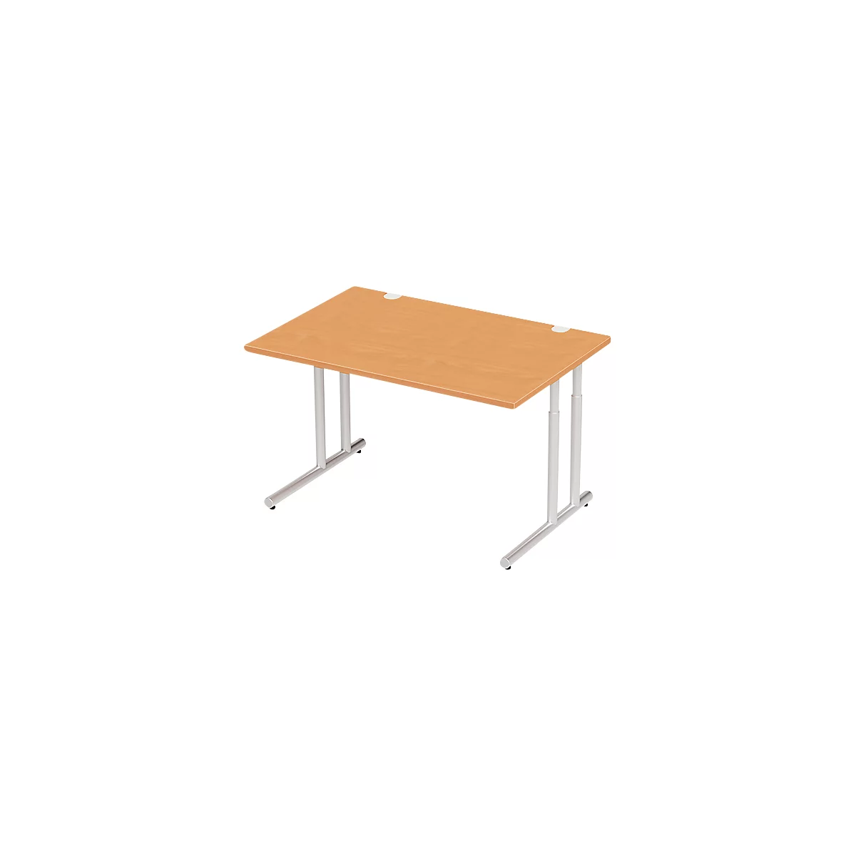 A rectangular, light brown desk with silver, height-adjustable legs.
