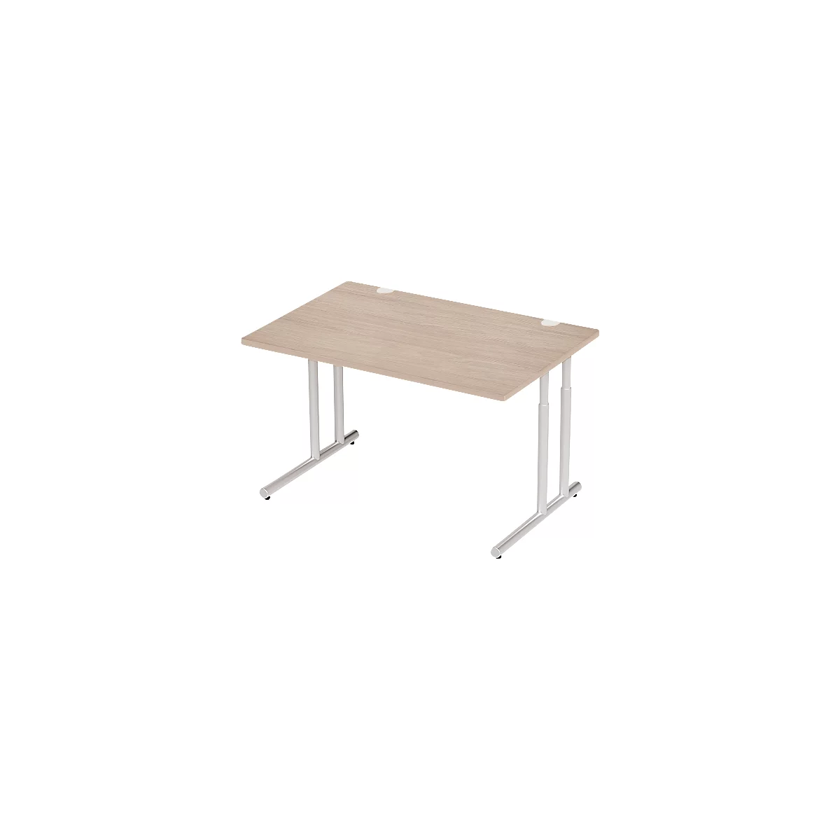 Light brown desk with a rectangular table top, light gray legs, and a simple design.