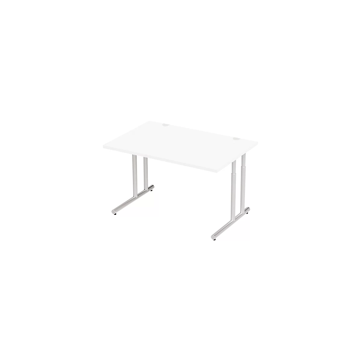 White desk with a rectangular tabletop and silver legs.