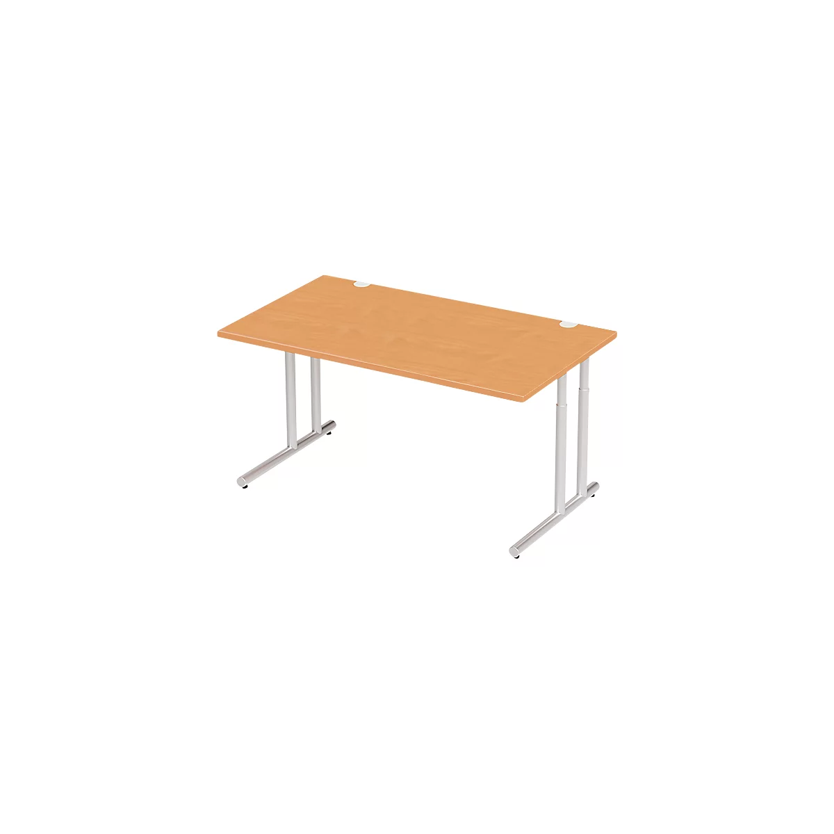 A rectangular wooden table with metal legs. The tabletop is light brown, the legs white and silver.