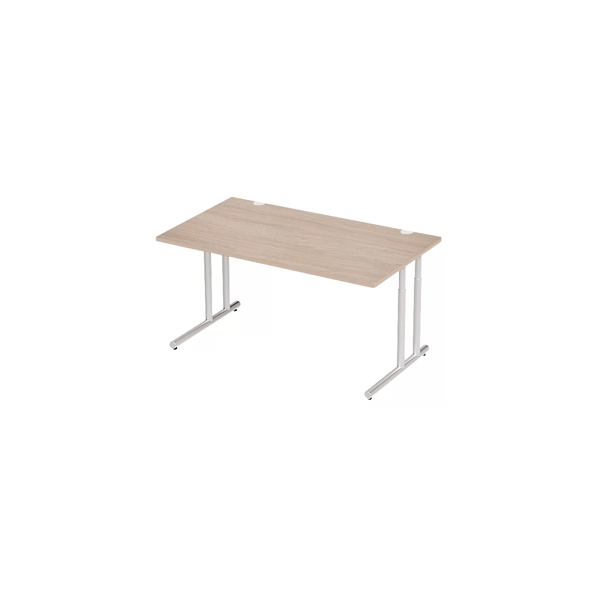 A rectangular desk with a wood look on white metal legs.